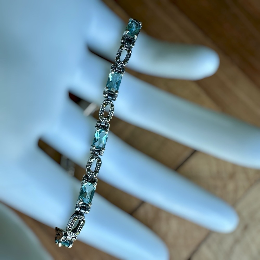 VTG Artisan Link Bracelet 7.5 Inch Blue Gem Topaz Marcasite 925 Sterling 13.6g